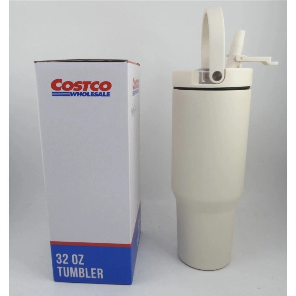 Costco Wholesale 32 oz Tumbler w/ Straw, White / Cream Insulated Travel Mug NEW